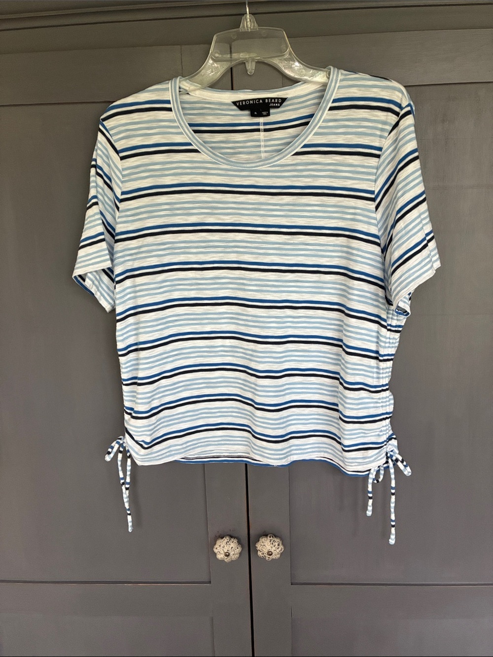 Veronica Beard White and Blue Striped Tie-Accent Short Sleeve Tee